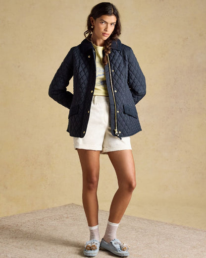 Navy coloured Joules Highclere Jacket on tan background 