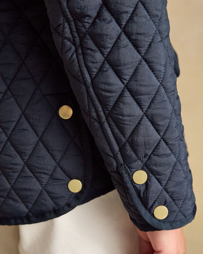 Navy coloured Joules Highclere Jacket on tan background 