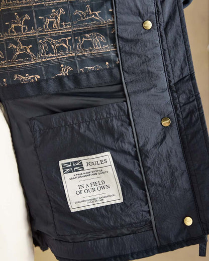 Navy coloured Joules Highclere Jacket on tan background 