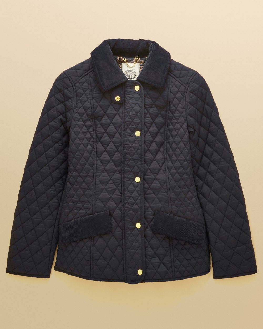 Navy coloured Joules Highclere Jacket on tan background 