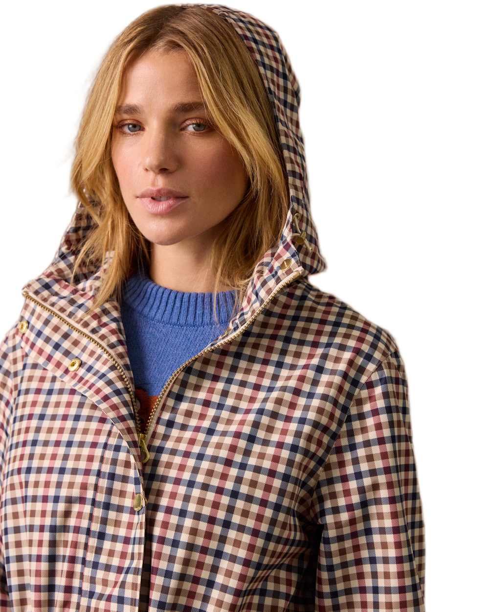 Gingham Coloured Joules Holkham Waterproof Packable Raincoat With Hood on white background 
