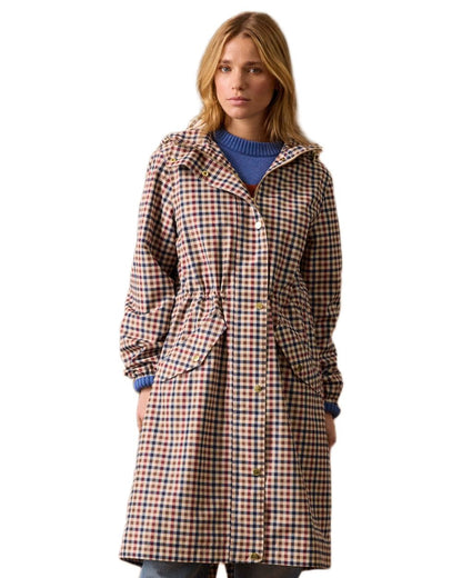 Gingham Coloured Joules Holkham Waterproof Packable Raincoat With Hood on white background 
