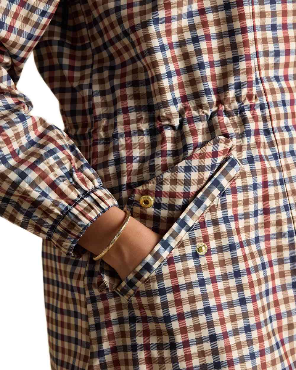 Gingham Coloured Joules Holkham Waterproof Packable Raincoat With Hood on white background 