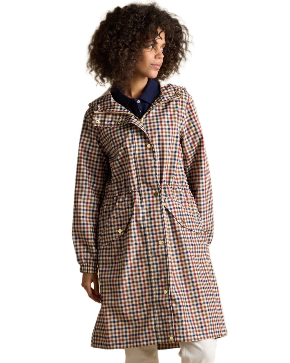 Gingham Coloured Joules Holkham Waterproof Packable Raincoat With Hood on white background 