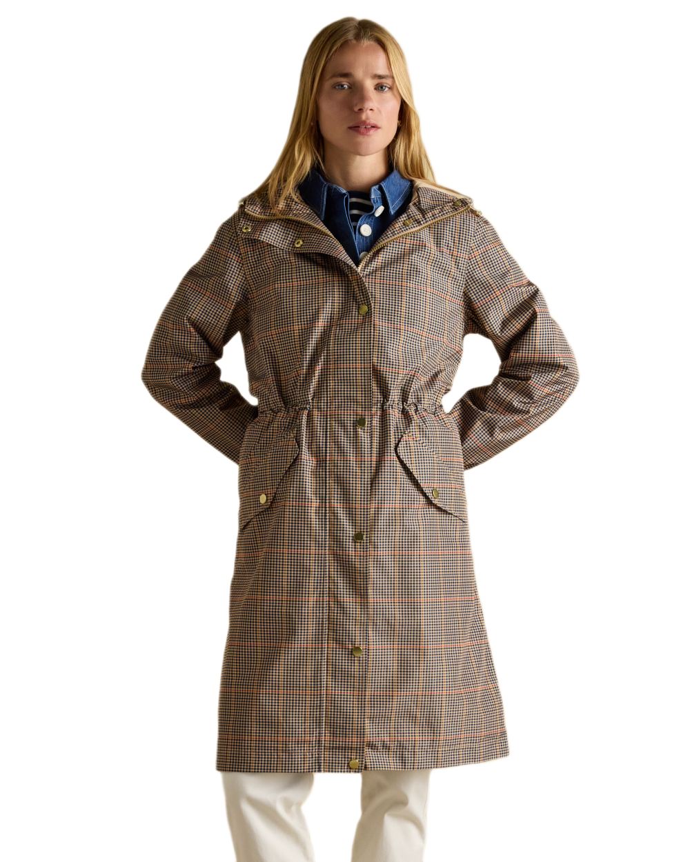 Henson Check Coloured Joules Holkham Waterproof Packable Raincoat With Hood on white background 