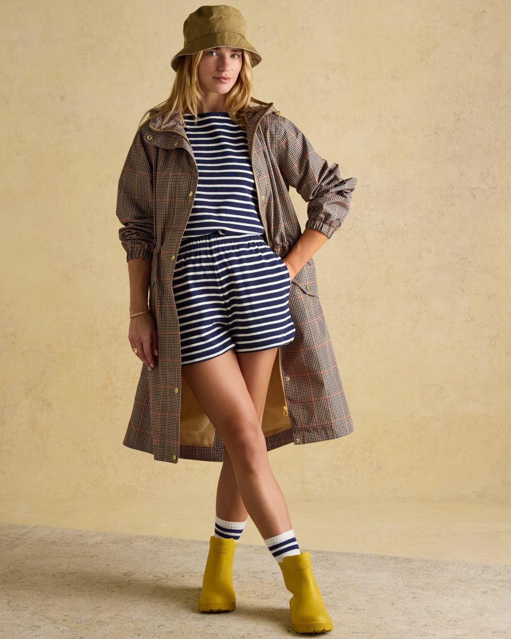 Henson Check Coloured Joules Holkham Waterproof Packable Raincoat With Hood on indoor background 