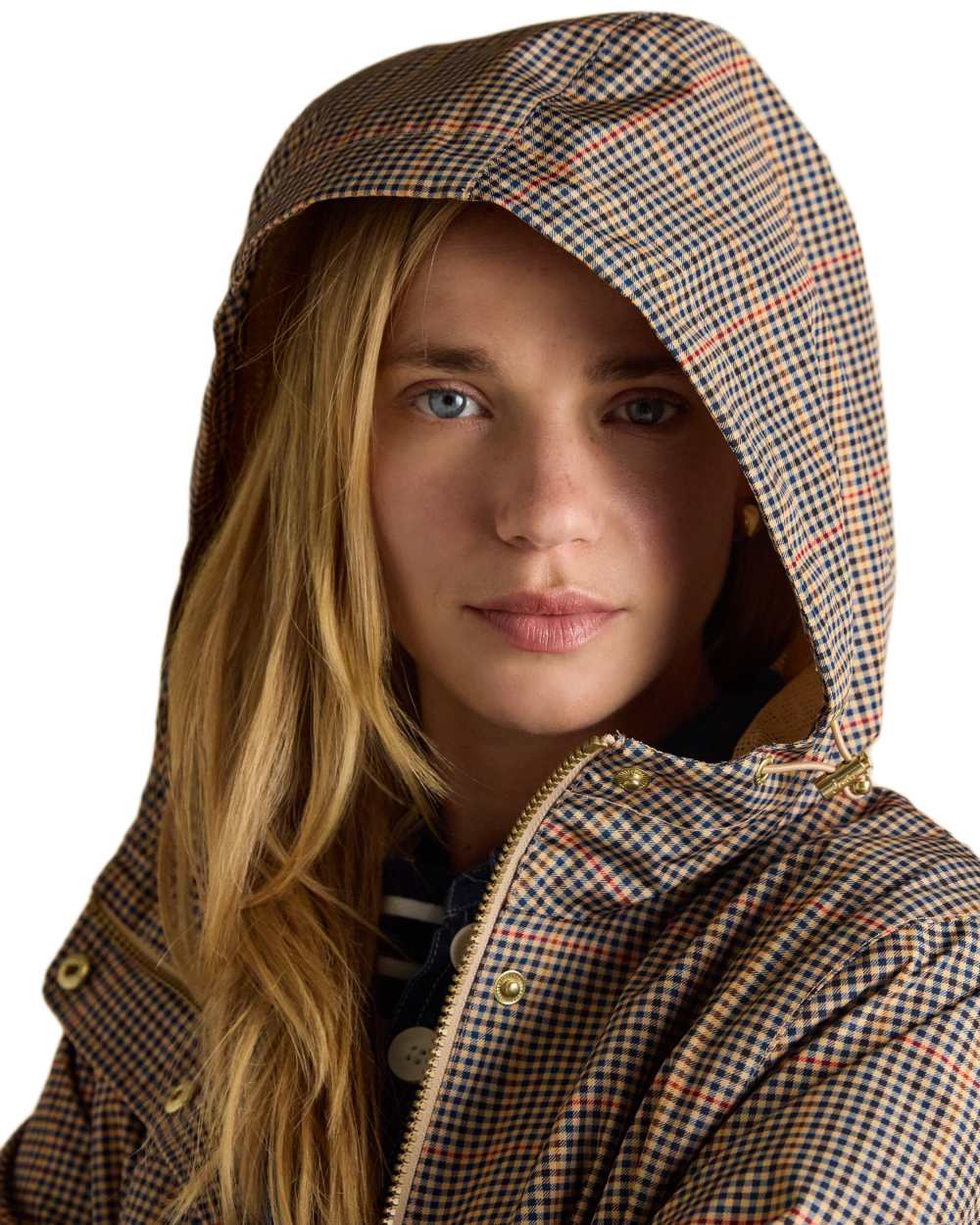 Henson Check Coloured Joules Holkham Waterproof Packable Raincoat With Hood on white background 