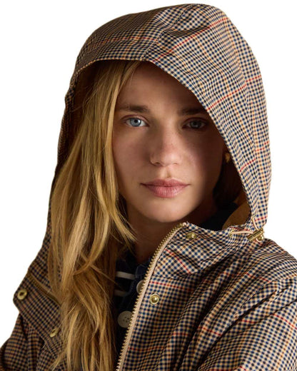 Henson Check Coloured Joules Holkham Waterproof Packable Raincoat With Hood on white background 