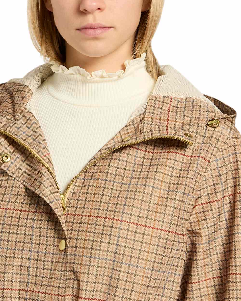 Holton Check Coloured Joules Holkham Waterproof Packable Raincoat With Hood on white background 