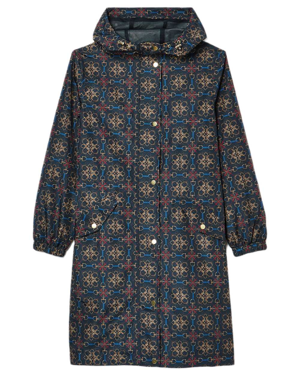 Navy Stirrup Geo Coloured Joules Holkham Waterproof Packable Raincoat With Hood on white background 