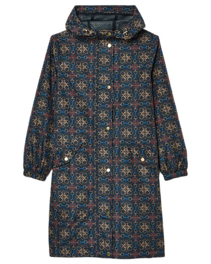 Navy Stirrup Geo Coloured Joules Holkham Waterproof Packable Raincoat With Hood on white background 