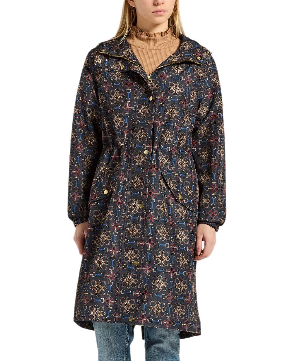 Navy Stirrup Geo Coloured Joules Holkham Waterproof Packable Raincoat With Hood on white background 