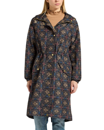 Navy Stirrup Geo Coloured Joules Holkham Waterproof Packable Raincoat With Hood on white background 