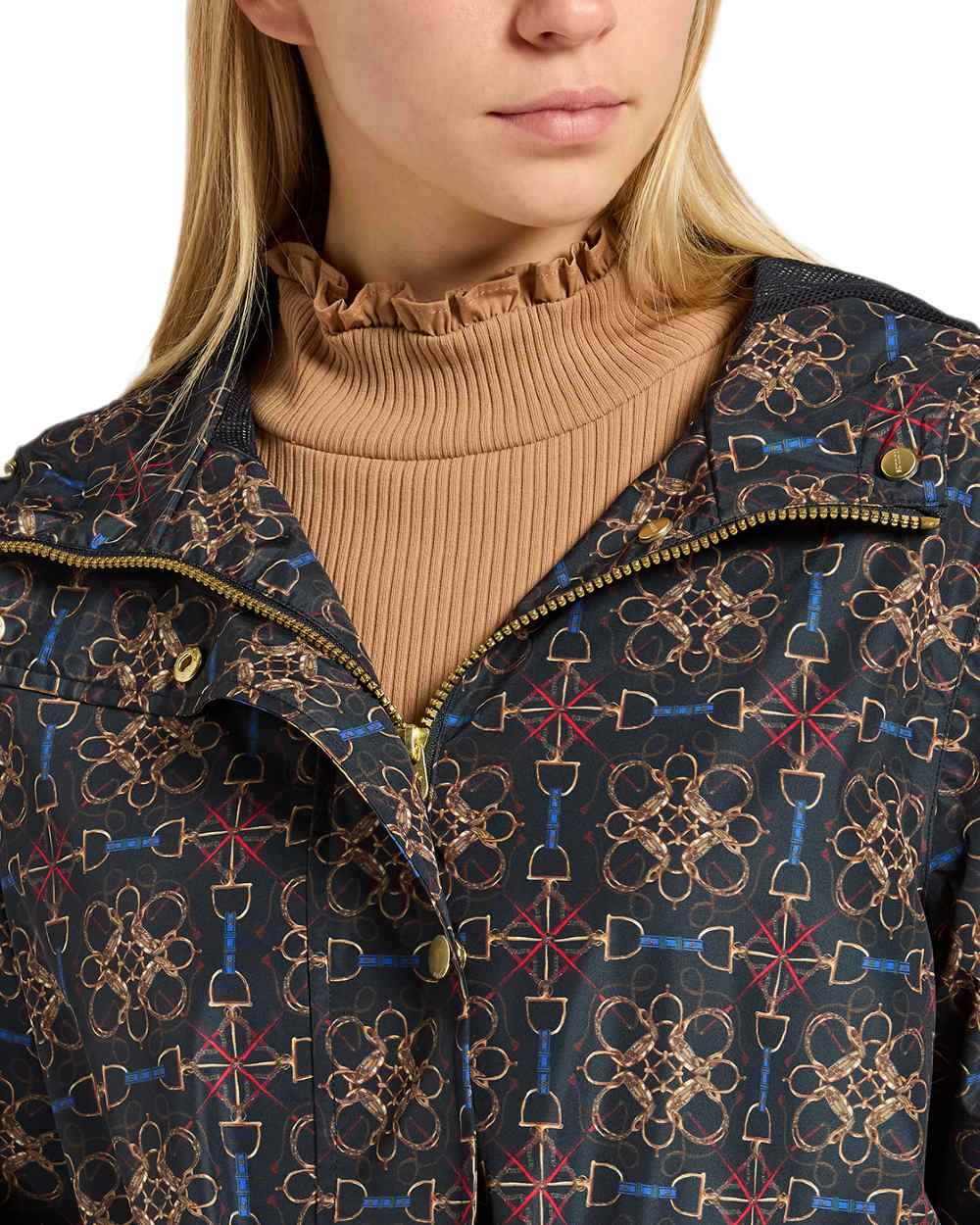 Navy Stirrup Geo Coloured Joules Holkham Waterproof Packable Raincoat With Hood on white background 