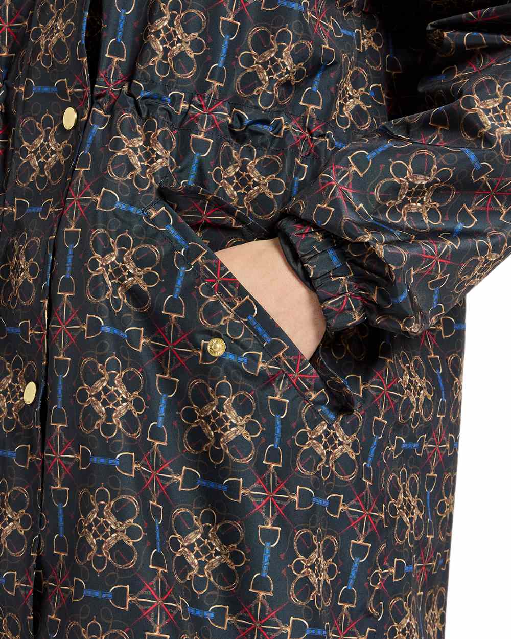 Navy Stirrup Geo Coloured Joules Holkham Waterproof Packable Raincoat With Hood on white background 