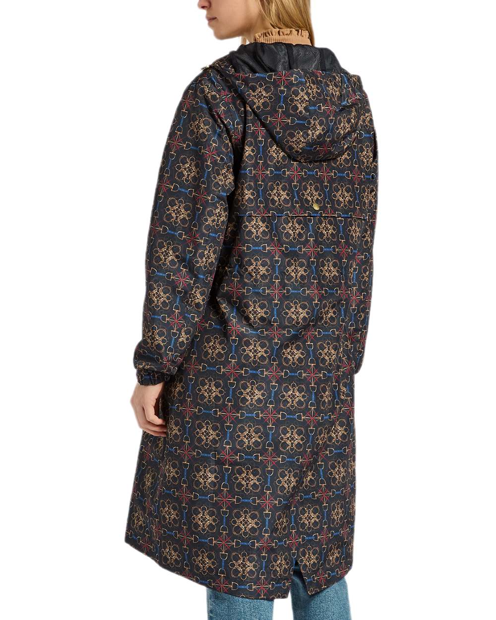 Navy Stirrup Geo Coloured Joules Holkham Waterproof Packable Raincoat With Hood on white background 