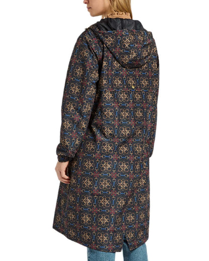 Navy Stirrup Geo Coloured Joules Holkham Waterproof Packable Raincoat With Hood on white background 