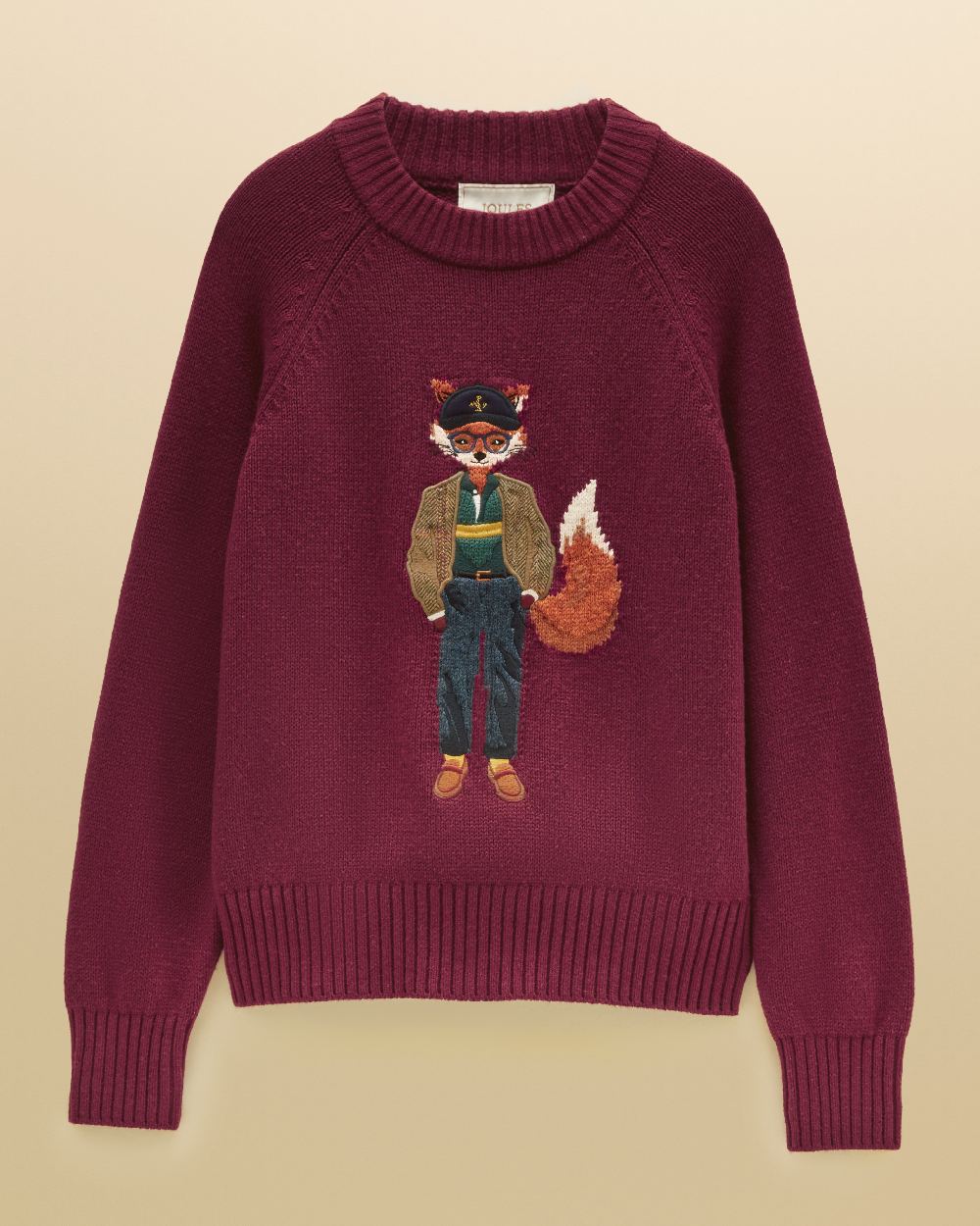 Burgundy Red Coloured Joules Jonty Intarsia Knit Jumper on beige background 