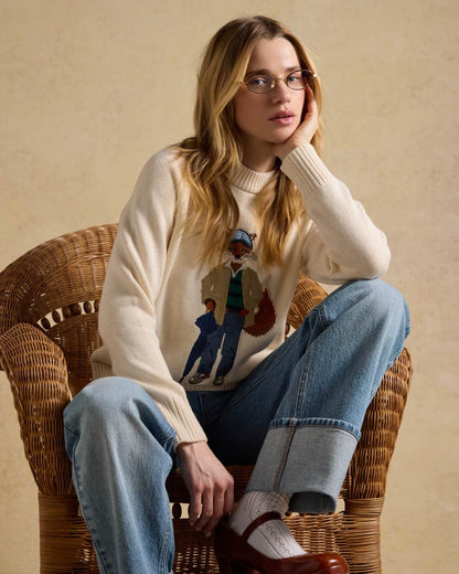 Cream Coloured Joules Jonty Intarsia Knit Jumper on wall background 