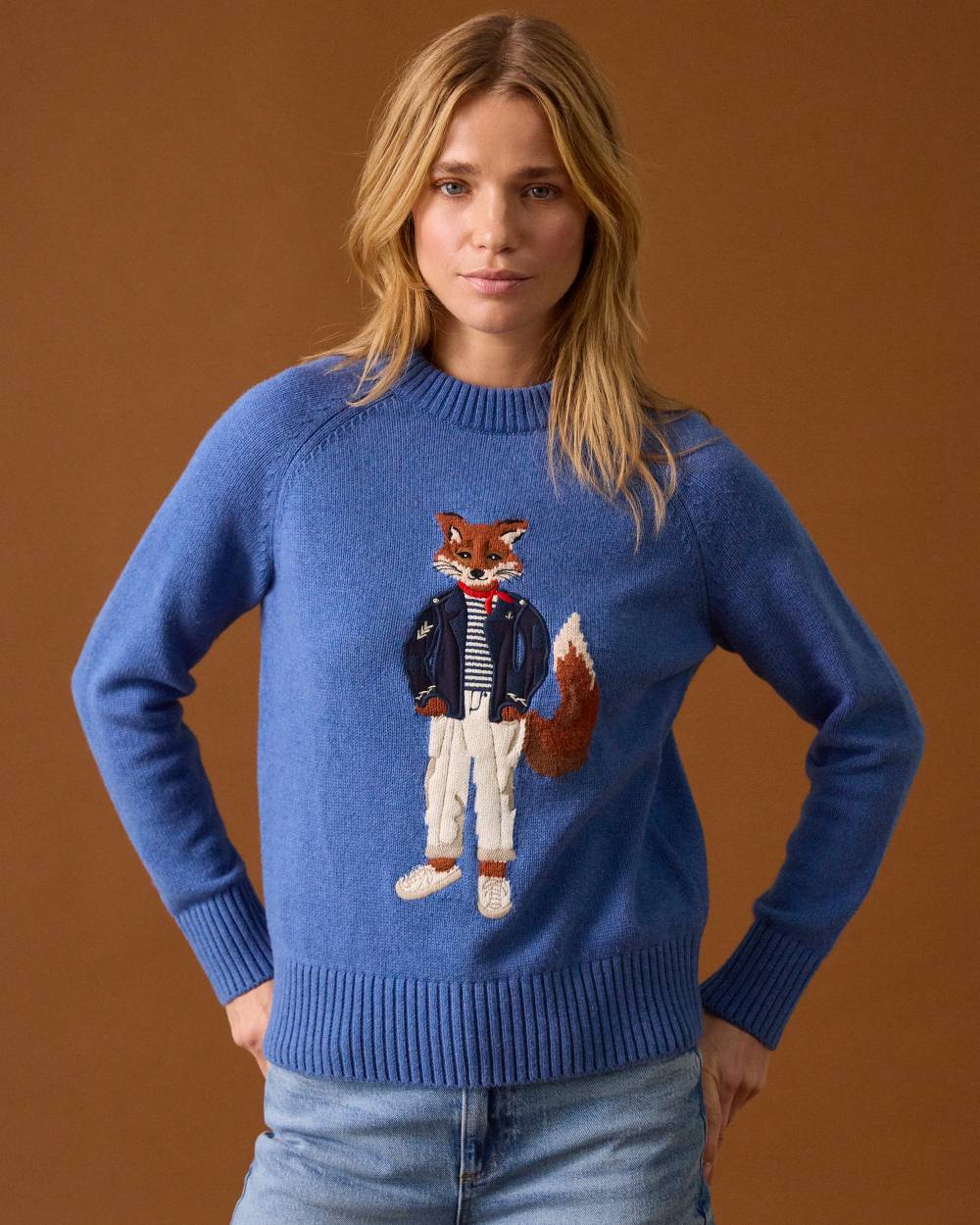 Mariner Blue Coloured Joules Jonty Intarsia Knit Jumper on wall background 