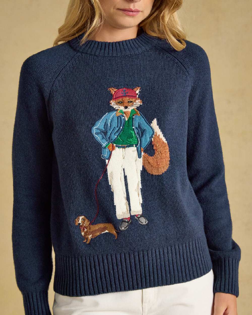 Navy Coloured Joules Jonty Intarsia Knit Jumper on beige background 