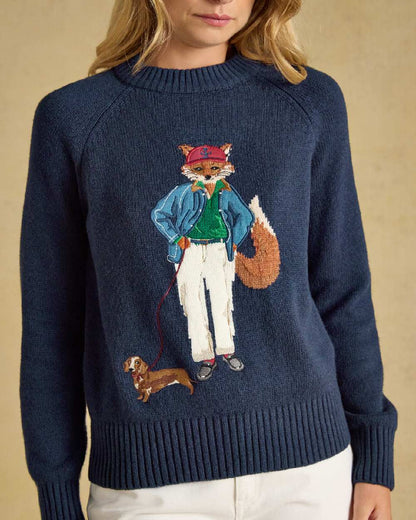 Navy Coloured Joules Jonty Intarsia Knit Jumper on beige background 