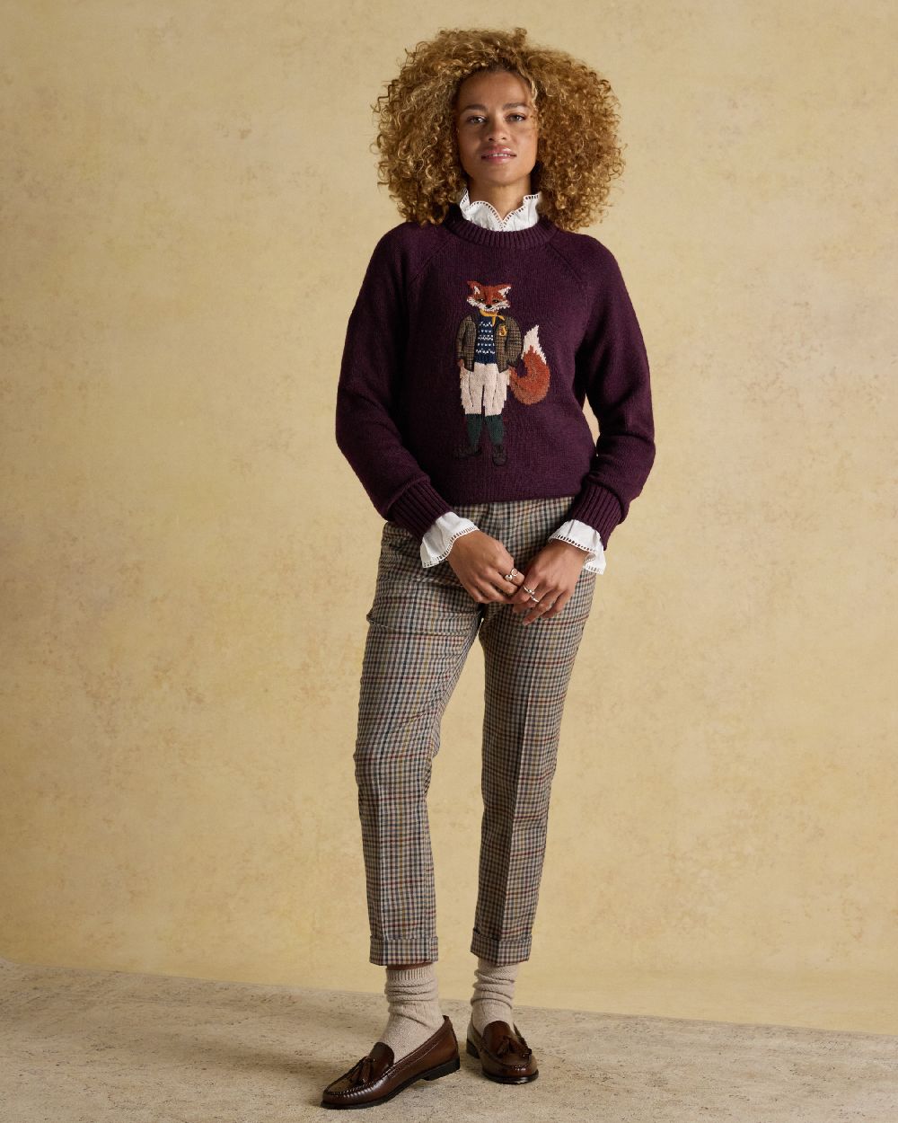 Wine Coloured Joules Jonty Intarsia Knit Jumper on indoor background 