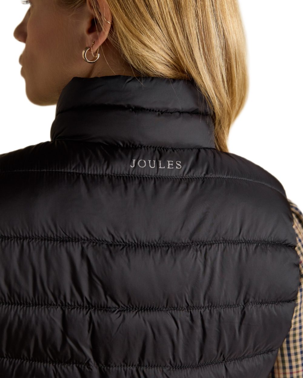Black coloured Joules Kenley Showerproof Padded Gilet on white background 