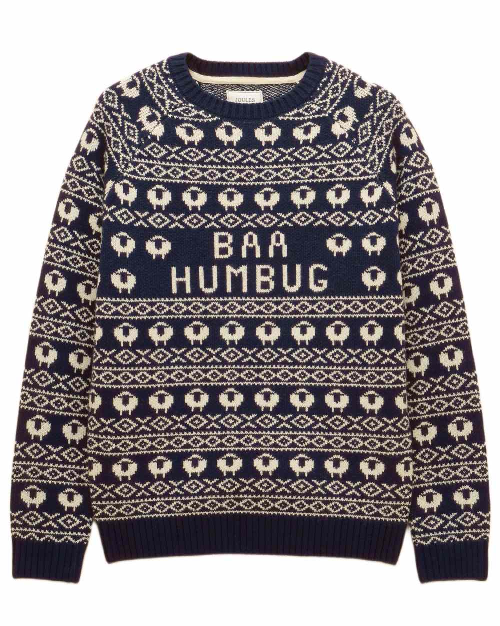 Navy Coloured Joules Mens Baa Humbug Intarsia Christmas Jumper on white background 