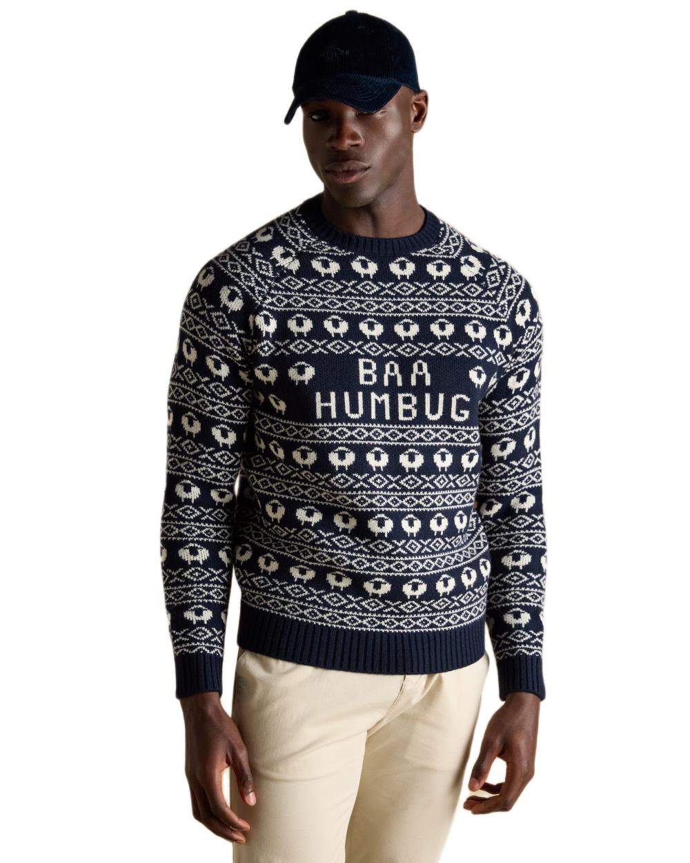 Navy Coloured Joules Mens Baa Humbug Intarsia Christmas Jumper on white background 
