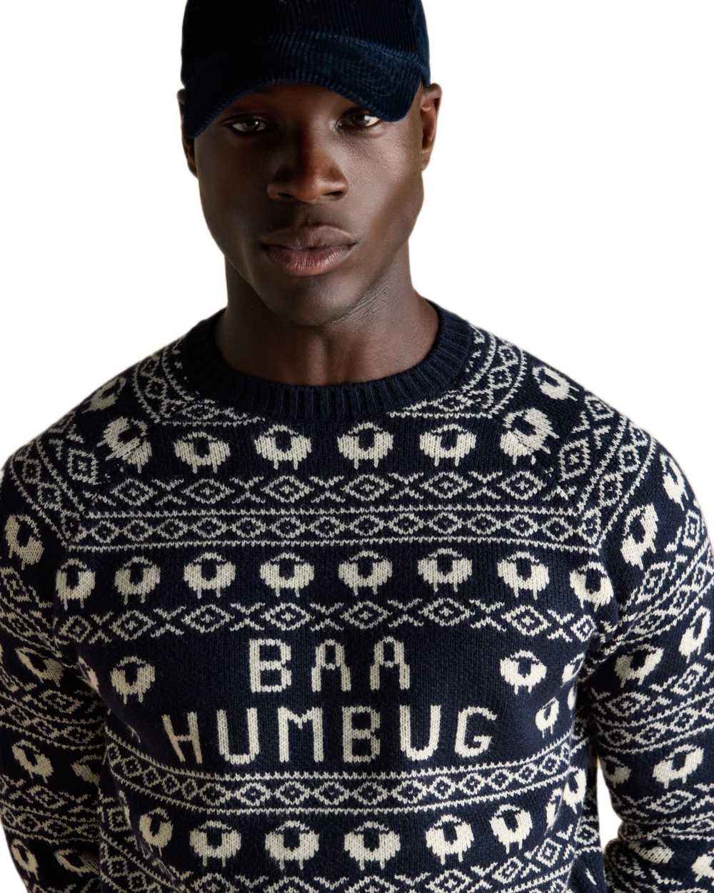 Navy Coloured Joules Mens Baa Humbug Intarsia Christmas Jumper on white background 