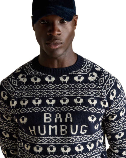 Navy Coloured Joules Mens Baa Humbug Intarsia Christmas Jumper on white background 