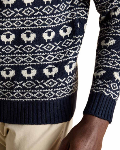 Navy Coloured Joules Mens Baa Humbug Intarsia Christmas Jumper on white background 