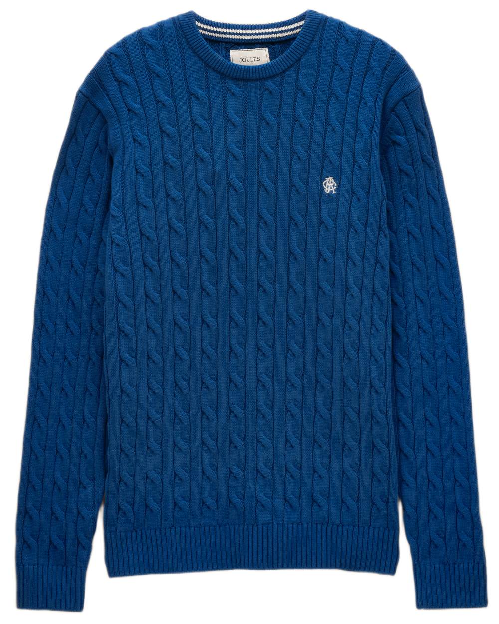Navy coloured Joules Mens Crew Neck Cotton Cable Knit Jumper on white background 