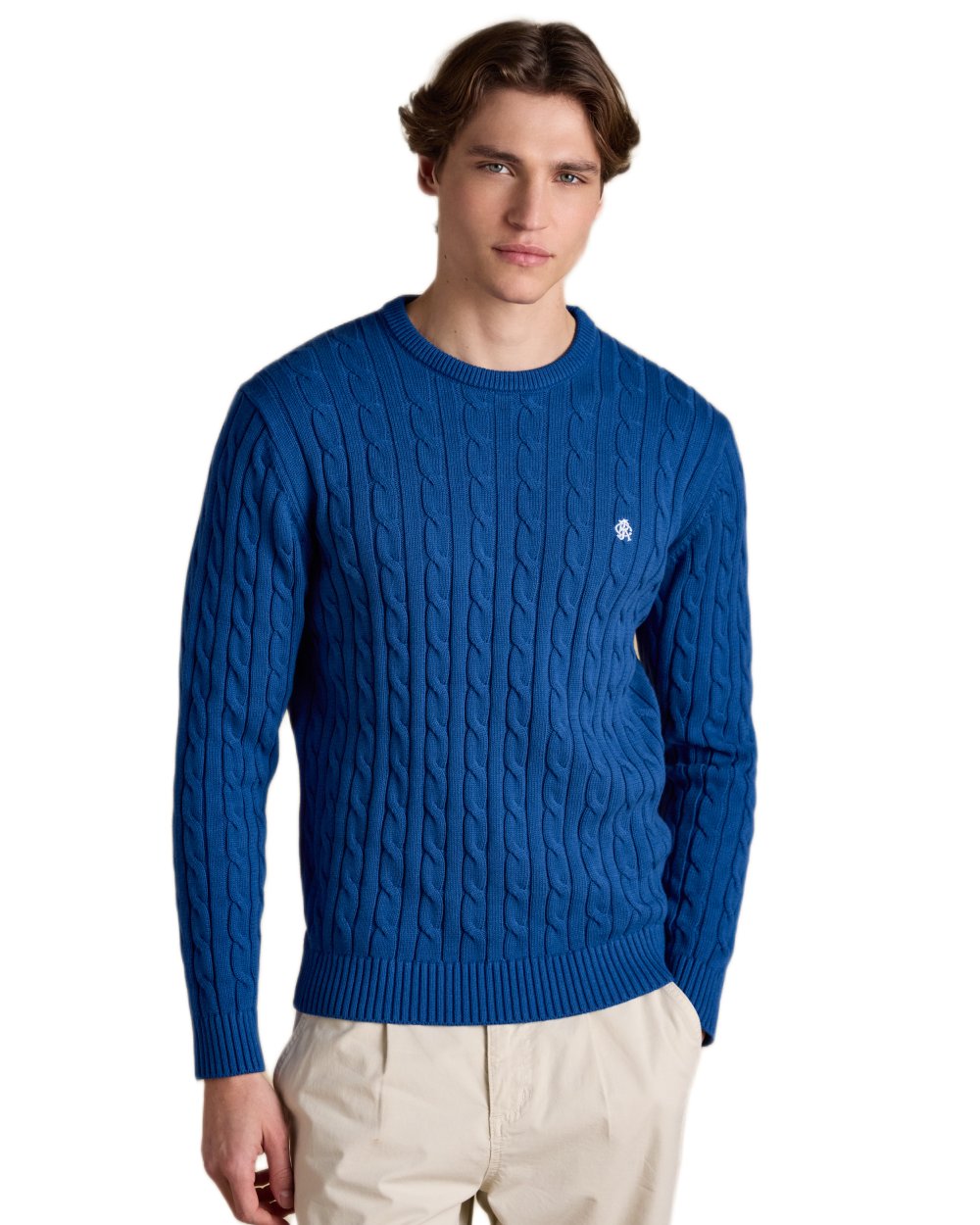 Navy coloured Joules Mens Crew Neck Cotton Cable Knit Jumper on white background 