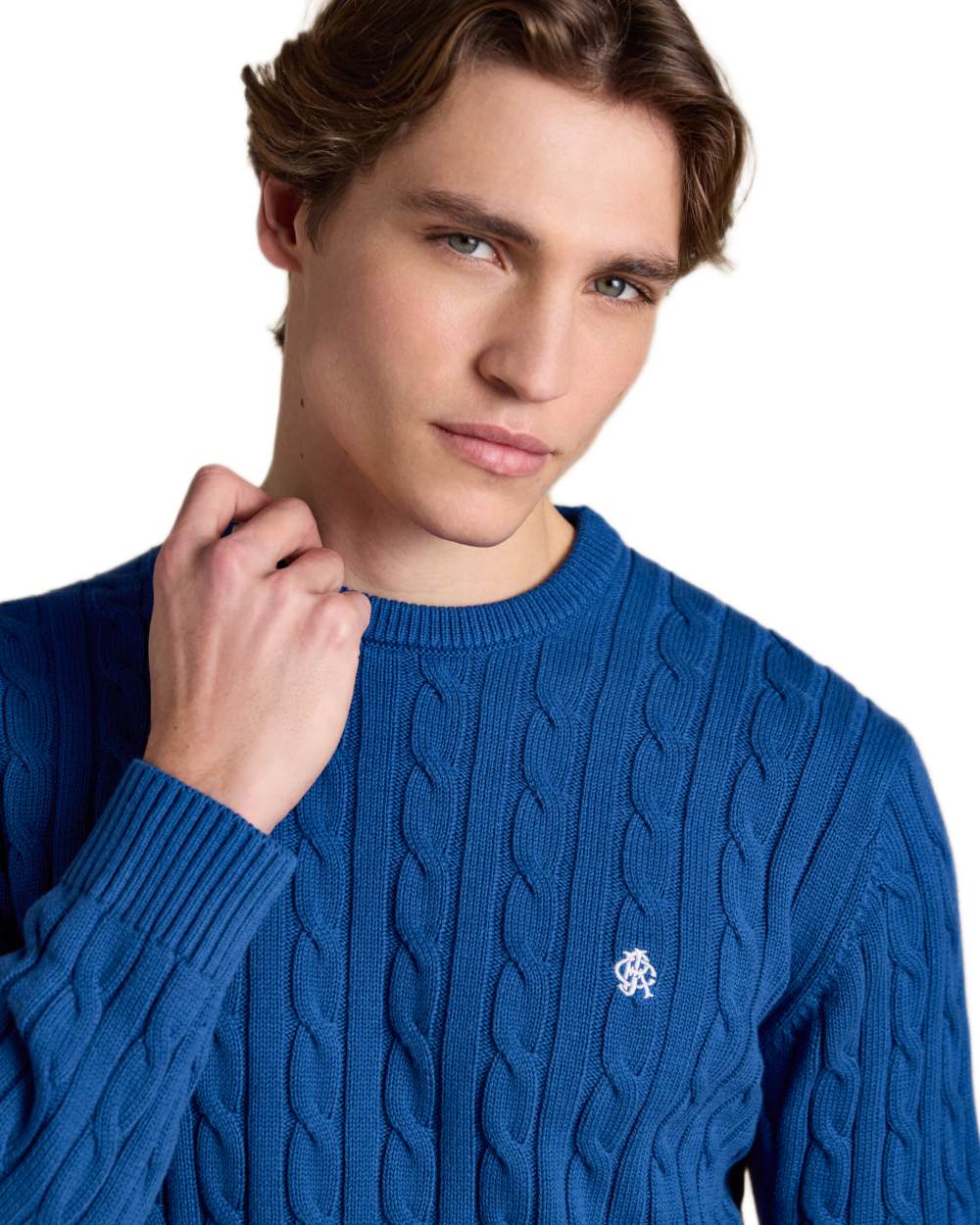Navy coloured Joules Mens Crew Neck Cotton Cable Knit Jumper on white background 