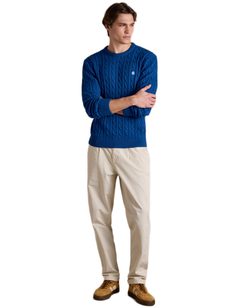 Navy coloured Joules Mens Crew Neck Cotton Cable Knit Jumper on white background 