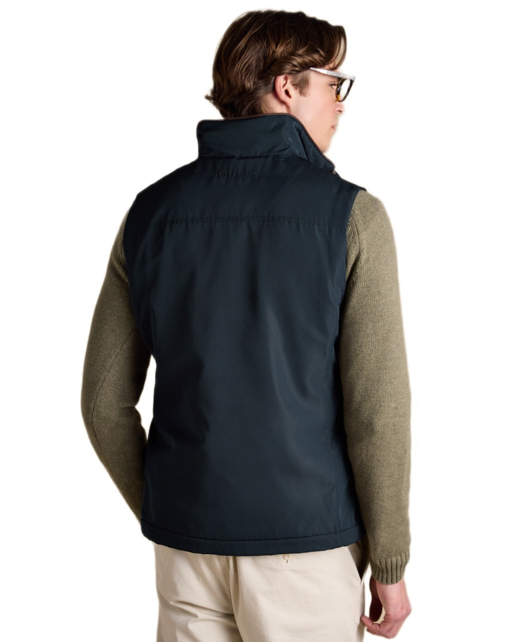 Navy coloured Joules Mens Farnham Padded Fleece Lined Gilet on white background 