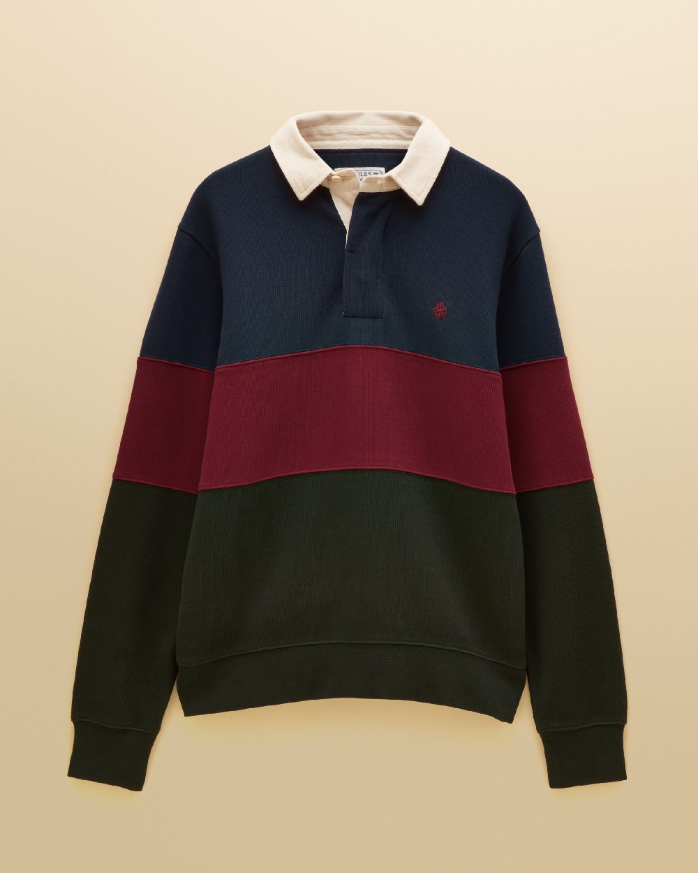 Green Navy Coloured Joules Mens French Rib Rugby Long Sleeve Sweatshirt on Beige Background 