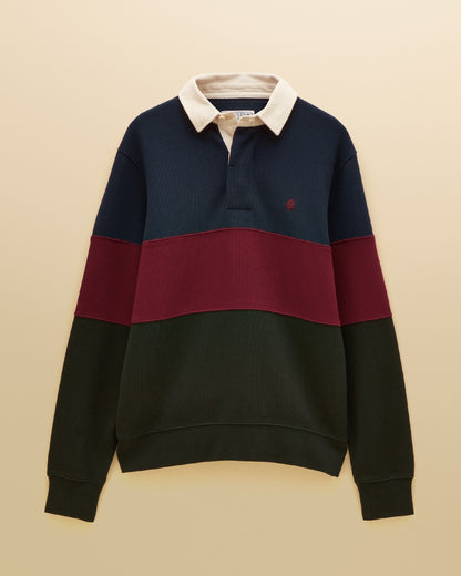 Green Navy Coloured Joules Mens French Rib Rugby Long Sleeve Sweatshirt on Beige Background 