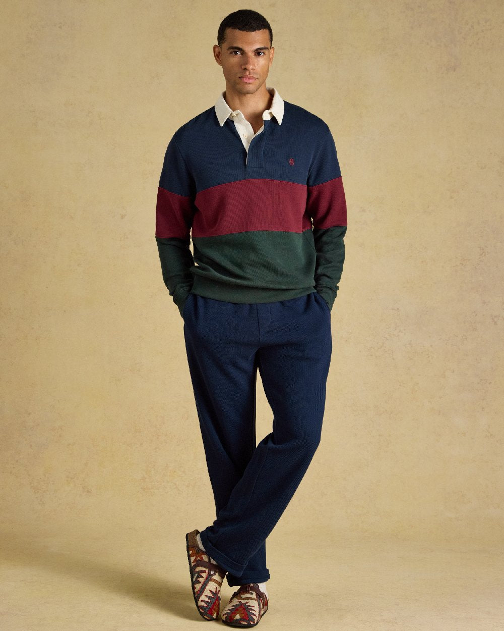 Green Navy Coloured Joules Mens French Rib Rugby Long Sleeve Sweatshirt on Beige Background 