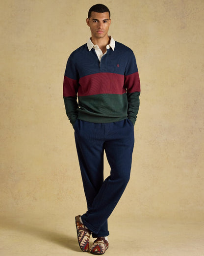 Green Navy Coloured Joules Mens French Rib Rugby Long Sleeve Sweatshirt on Beige Background 
