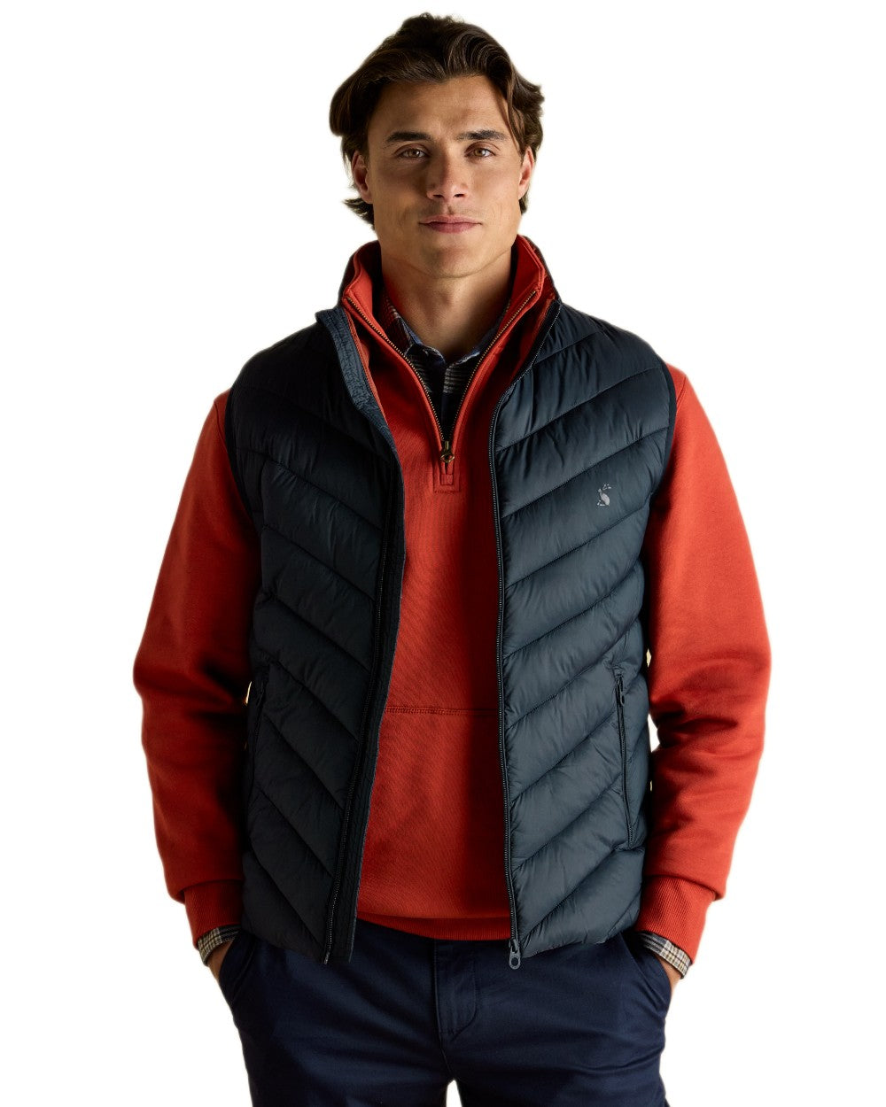 Navy coloured Joules Mens Garrett Showerproof Padded Gilet on white background 