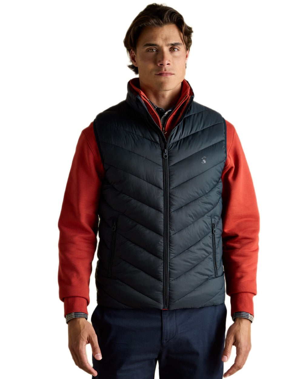 Navy coloured Joules Mens Garrett Showerproof Padded Gilet on white background 
