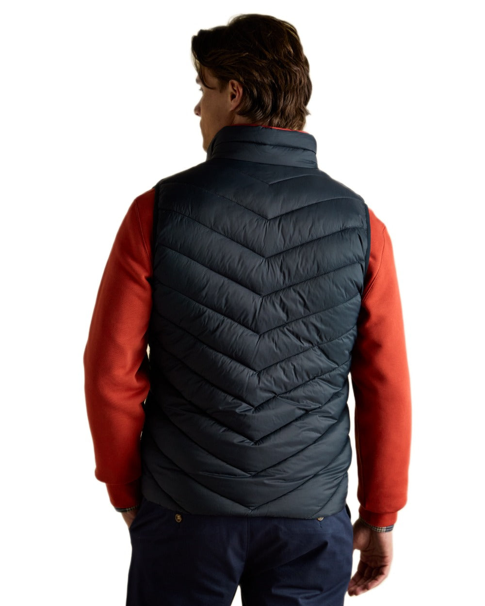 Navy coloured Joules Mens Garrett Showerproof Padded Gilet on white background 