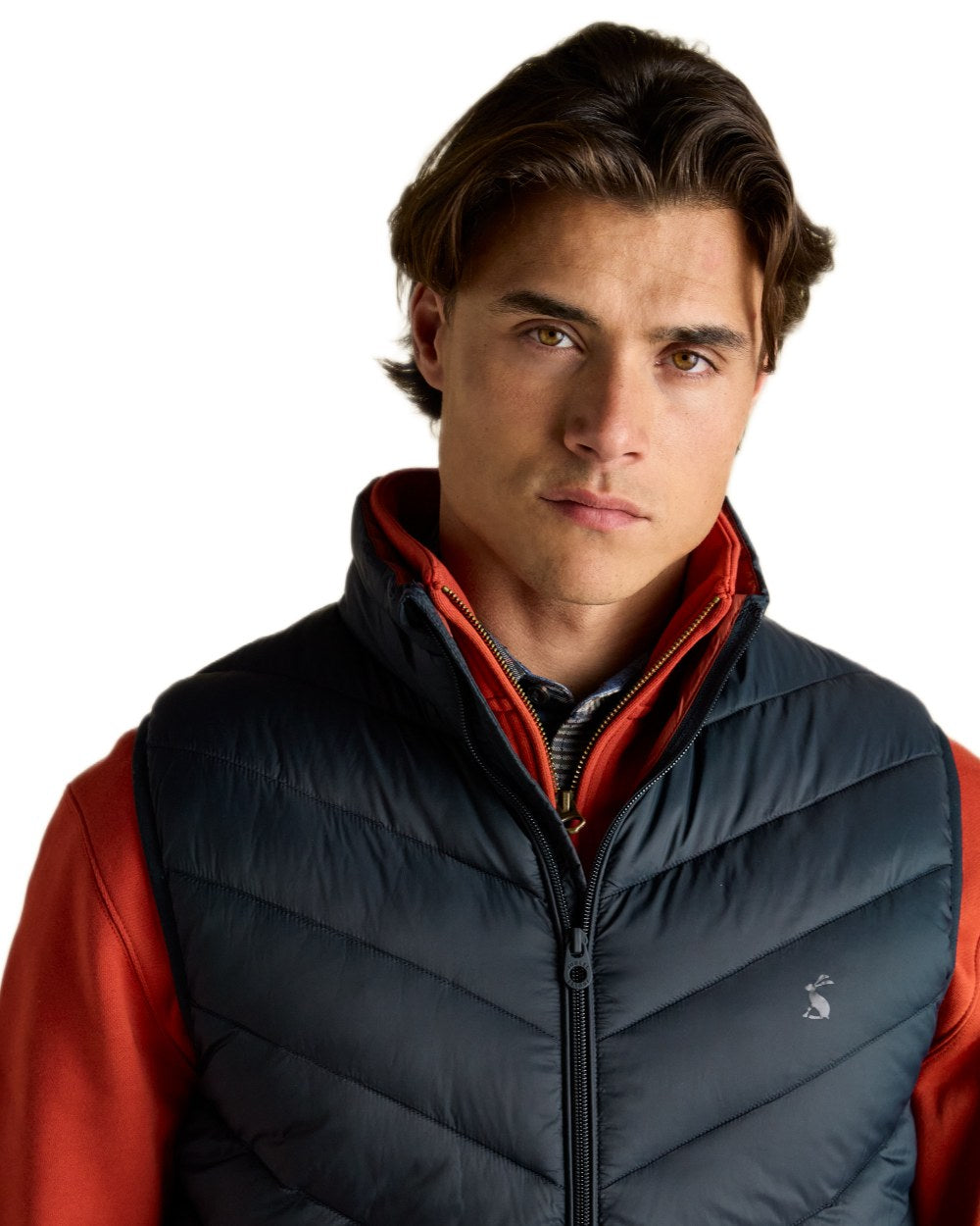 Navy coloured Joules Mens Garrett Showerproof Padded Gilet on white background 