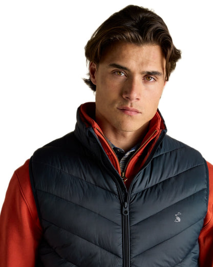 Navy coloured Joules Mens Garrett Showerproof Padded Gilet on white background 
