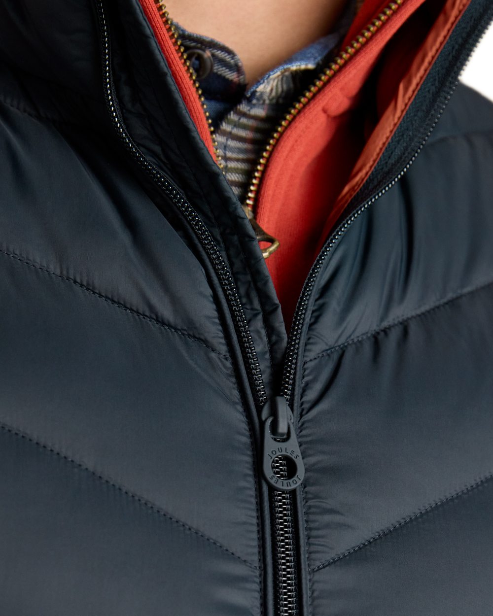 Navy coloured Joules Mens Garrett Showerproof Padded Gilet on white background 