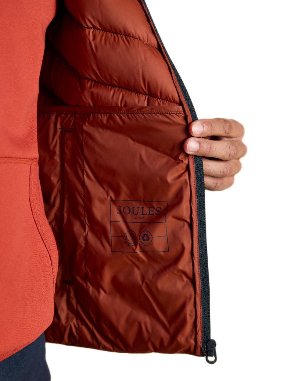 Navy coloured Joules Mens Garrett Showerproof Padded Gilet on white background 