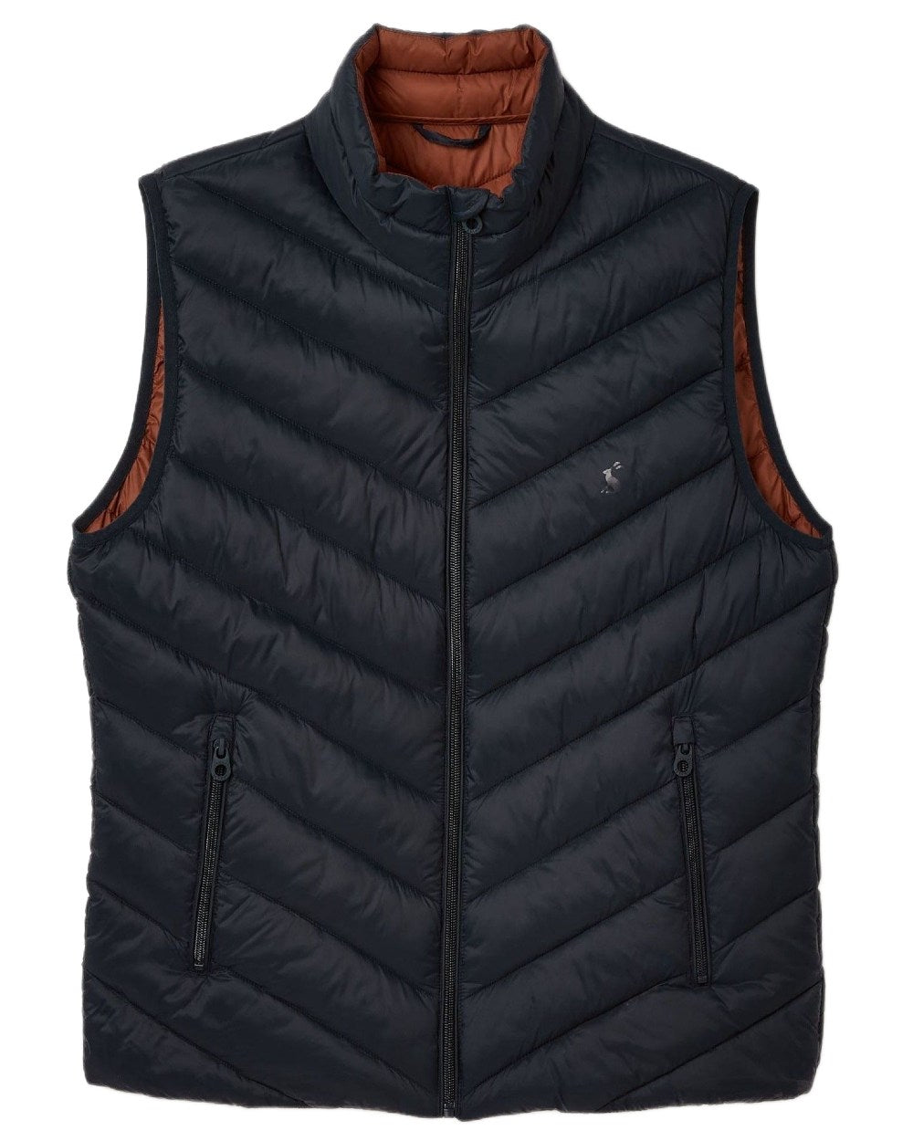 Navy coloured Joules Mens Garrett Showerproof Padded Gilet on white background 
